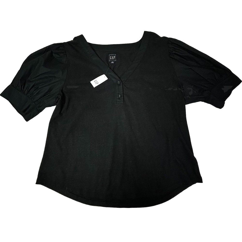 Gap Peasant Hemp Top Womens XL Black Balloon V-Neck Button Pullover Cottage NWT